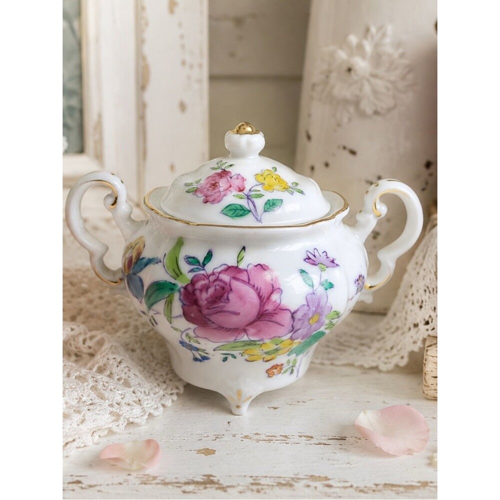 Rosetti Japan Hand Painted Floral Covered Sugar Bowl Vintage Porcelain Trinket